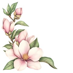 Delicate pink and white blossoms with vibrant green foliage arranged in a corner composition