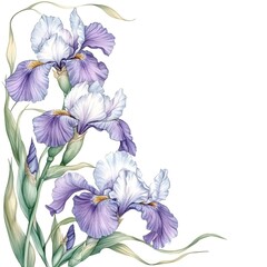Detailed watercolor illustration depicts a corner arrangement of blooming purple and white irises with green foliage