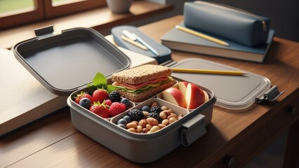 Healthy Bento Box Lunch with Sandwich, Fresh Berries, Apple, and Nuts on a Wooden Desk