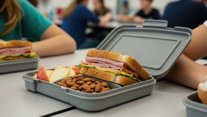 Healthy School Lunchbox with Sandwich, Apples, and Almonds on Table with Blurred Students