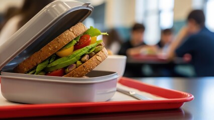 Healthy Whole Grain Sandwich with Fresh Vegetables and Pistachios in Lunchbox on Red Tray
