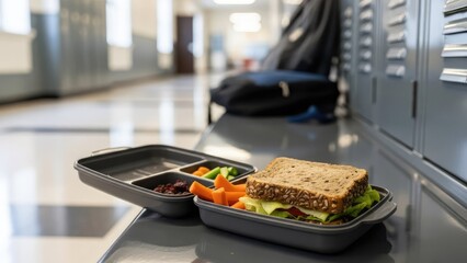 Healthy school lunchbox with sandwich, vegetables, and fruit on a bench in a school hallway.