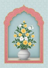 Elegant floral arrangement of yellow and white flowers in a vase, set within a decorative pink arched frame