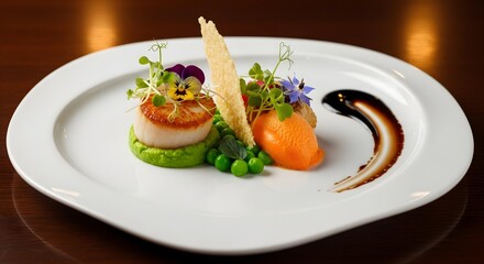 Gourmet panseared scallops with pea puree, carrot mousse and balsamic glaze on white plate
