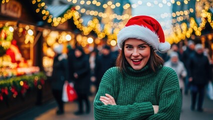 Joyful woman in Santa hat smiles at a festive Christmas market with warm bokeh lights