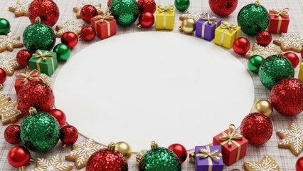 Holiday frame with colorful Christmas ornaments, gift boxes, gingerbread cookies, and blank white copy space.
