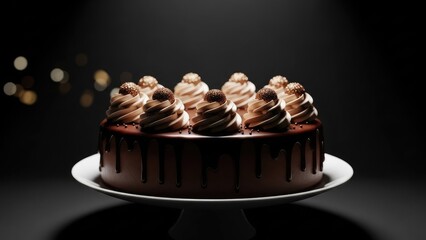 Luxurious chocolate drip cake with cream swirls and golden sprinkles on a dark, bokeh-lit background