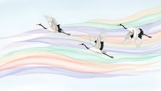 Elegant Cranes Soaring Above a Swath of Rainbow Colors An Artistic Depiction