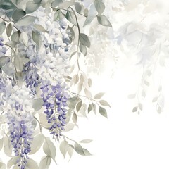Delicate purple and white cascading blossoms with muted green foliage adorn the corner of a bright white background.