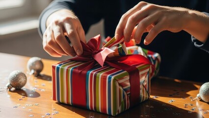 Person's hands tying a red satin bow on a vibrant striped gift box, surrounded by holiday decorations.