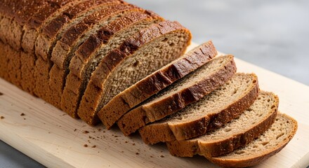 Freshly baked, dark whole grain bread loaf sliced on a wooden cutting board