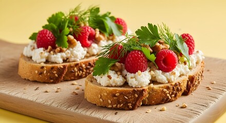 Delicious sandwiches with cottage cheese, fresh raspberries, walnuts and herbs on wholegrain bread