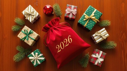 New Year 2026 red gift bag, festive presents, pine branches, and ornament on wood