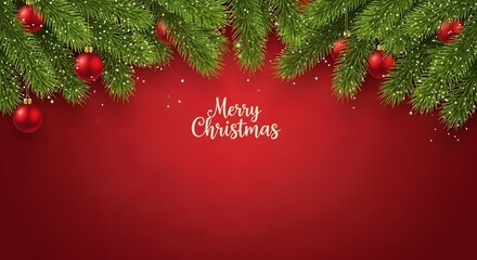 Merry christmas greeting with green fir branches, red ornaments and snow on a festive red background
