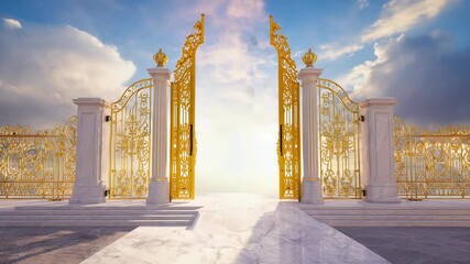 Golden Gates to Heaven: A Symbolic Representation of Paradise, Hope, Faith, and Eternal Life with Clouds and Bright Light - Powered by Adobe