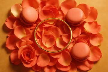 Gold bangle surrounded by coral rose petals and macarons, symbolizing celebration, sweetness, and vibrant luxury expression.