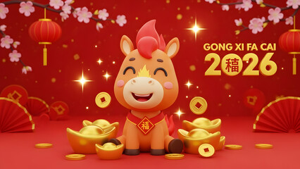 Naklejka premium 3D Horse Character Welcomes Chinese New Year 2026 Celebration