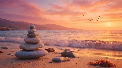 Peaceful Sunset Beach Scene With Stacked Stones
