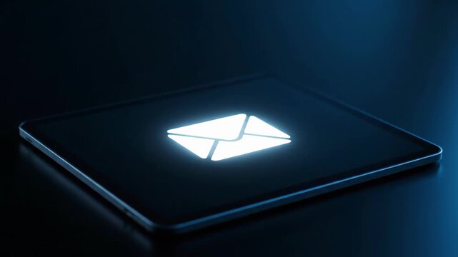 Glowing Envelope Icon Digitally Appears on a Dark Professional Tablet Screen, Symbolizing Secure Email Communication and Digital Messaging. 4K Slow Motion.