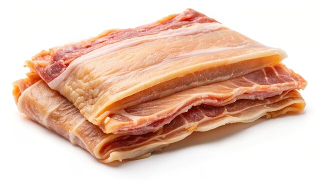 Raw pork skin on white background with visible fat layers and natural texture