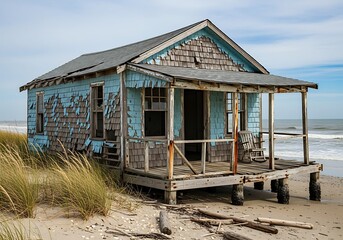 Abandoned blue beach house with wooden porch, seaside, ocean view