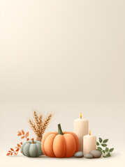 Create a cozy Thanksgiving mood with pumpkins, wheat and candles, perfect for autumn celebrations or seasonal marketing, add warmth to your designs now