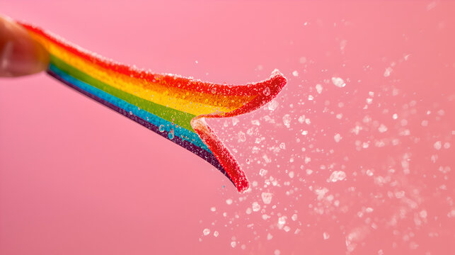 Vibrant Rainbow Candy Strip Being Torn, Showering Sugar Crystals Against a Bright Pink Background.