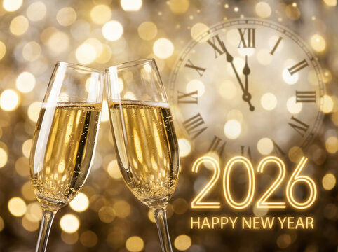 Background christmas colourful colours gold horse joyful new year celebration with clinking champagne glasses and glowing clock midnight creating festive sparkle happy new year 2026 Concept