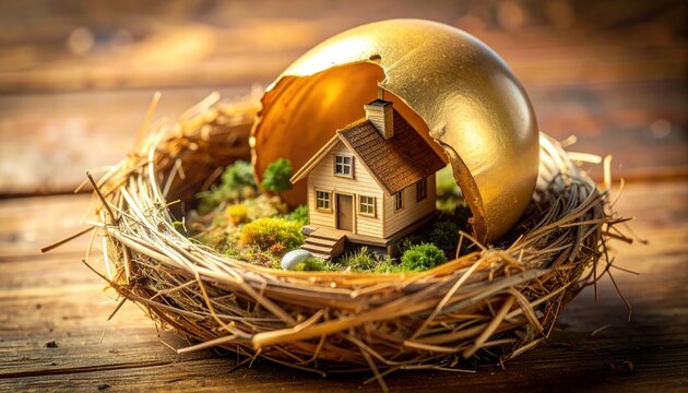 Retirement Nest Egg: Golden egg cracking open to reveal miniature house and travel destinations inside wooden nest - Powered by Adobe