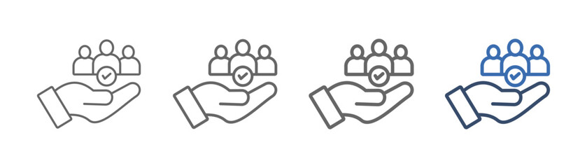 
outline icon set social with hand design, three people and check mark