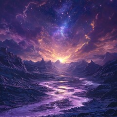 Galactic river winding across surreal fantasy terrain high resolution picture