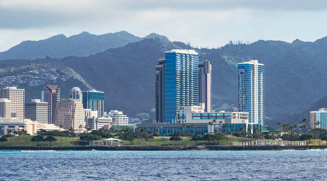 Honolulu Skyline as viewed from a tourist cruise ship February 26, 2024.