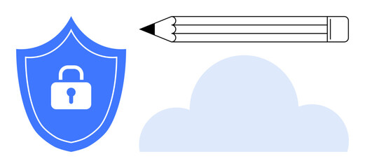 Blue shield with padlock, cloud, and pencil symbolize cybersecurity, cloud storage, creativity, and data protection. Ideal for technology, writing, education innovation privacy security simple