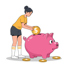 Woman saving money by putting gold coin into large pink piggy bank vector illustration.