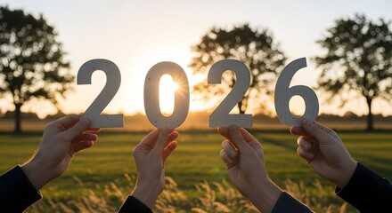 Hands holding up 2026 new year sign against beautiful sunset sky in a natural landscape