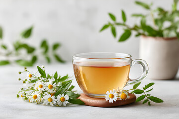 Enjoy a calming chamomile tea break with fresh daisy blooms, promoting wellness and relaxation in a serene, natural setting, perfect for mindful moments