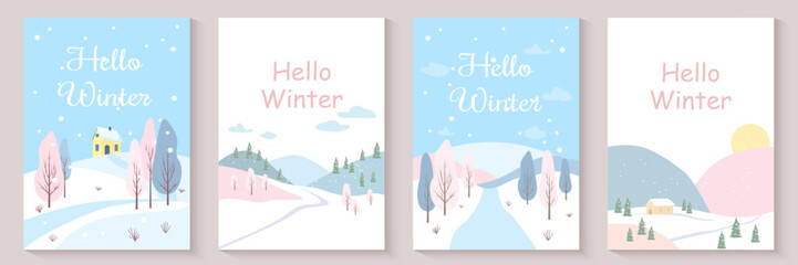 Set of cards with winter landscapes. A set of beautiful postcards with winter landscapes for design. Greeting cards with the theme "Hello, Winter." Vector illustrations for design and backgrounds.