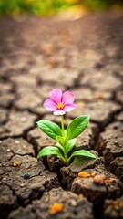 Tiny seedling poking through cracked soil during a spring rain