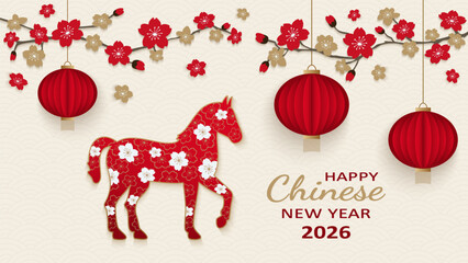 Chinese New Year 2026 celebration background design. Chinese New Year 2026 design with a red horse, lanterns, and the inscription "2026." Celebrating the Year of the Horse. Vector illustration.