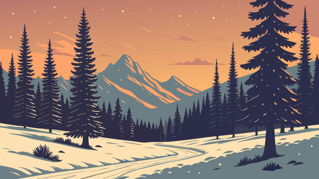 A winter landscape featuring snow covered ground and pine trees against a mountain and orange sky background