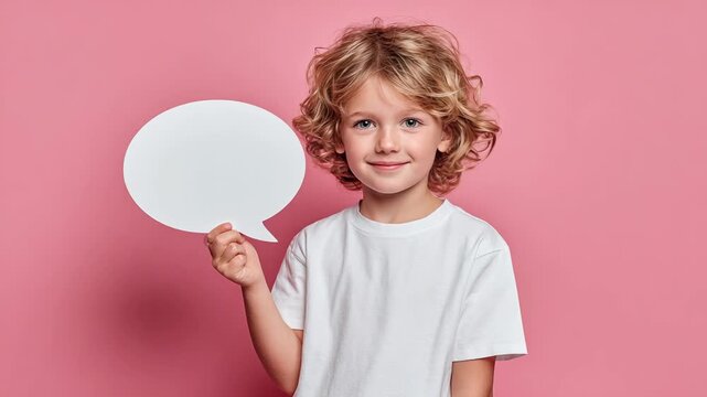 Adorable Little Boy with Curly Blonde Hair Holding a Blank White Speech Bubble on a Pink Background for Message or Quote