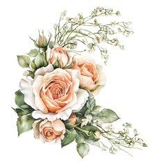 Watercolor floral arrangement features lush peach and cream roses with delicate filler blooms and green foliage.