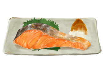 リアルな焼き鮭の切り身盛り付け(皿・大根おろし・大葉)