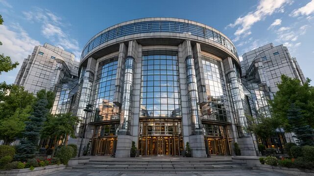 European Parliament Building in Brussels, Belgium, Featuring Modern Architecture, Glass Facade, and Blue Sky Reflection on a Sunny Day