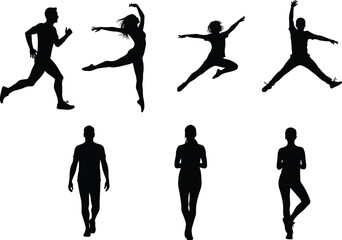 Human silhouette, dynamic movement, running pose, leaping figure, jumping gesture, walking posture, expressive stance, lifestyle concept, black figure, white background