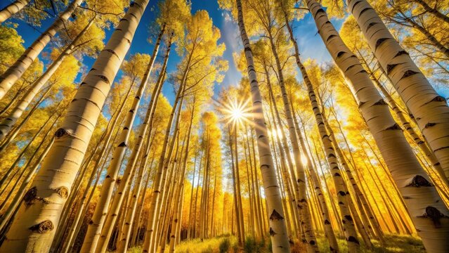 Majestic quaking aspen trees standing tall amidst warm sunlight filtering through their leafy canopy