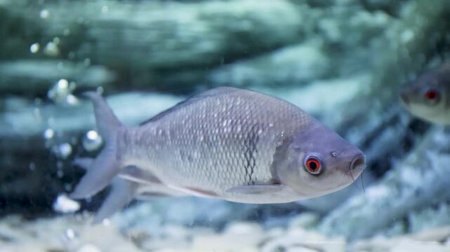 Rohu fish (Labeo rohita), (Osteochilus melanopleurus, Greater Bony-lipped Barb) also known as Indian Carp, swimming in a public freshwater aquarium. A popular economic fish in Thailand and South Asia