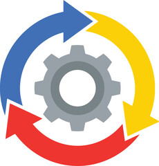 Colorful circular arrows encompassing a gray gear icon represent process and automation on transparent background