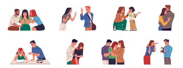 People comfort crying. Characters in tears, different strong emotions, anger, sadness, stress, joy, friends reassure, empathic men and women cartoon flat isolated nowaday vector set
