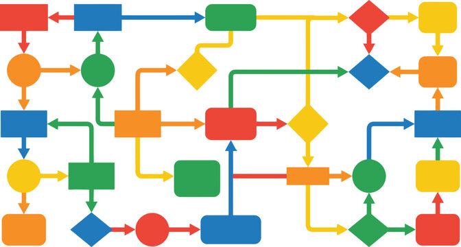 Colorful flowchart with various shapes and arrows illustrating a complex process on transparent background